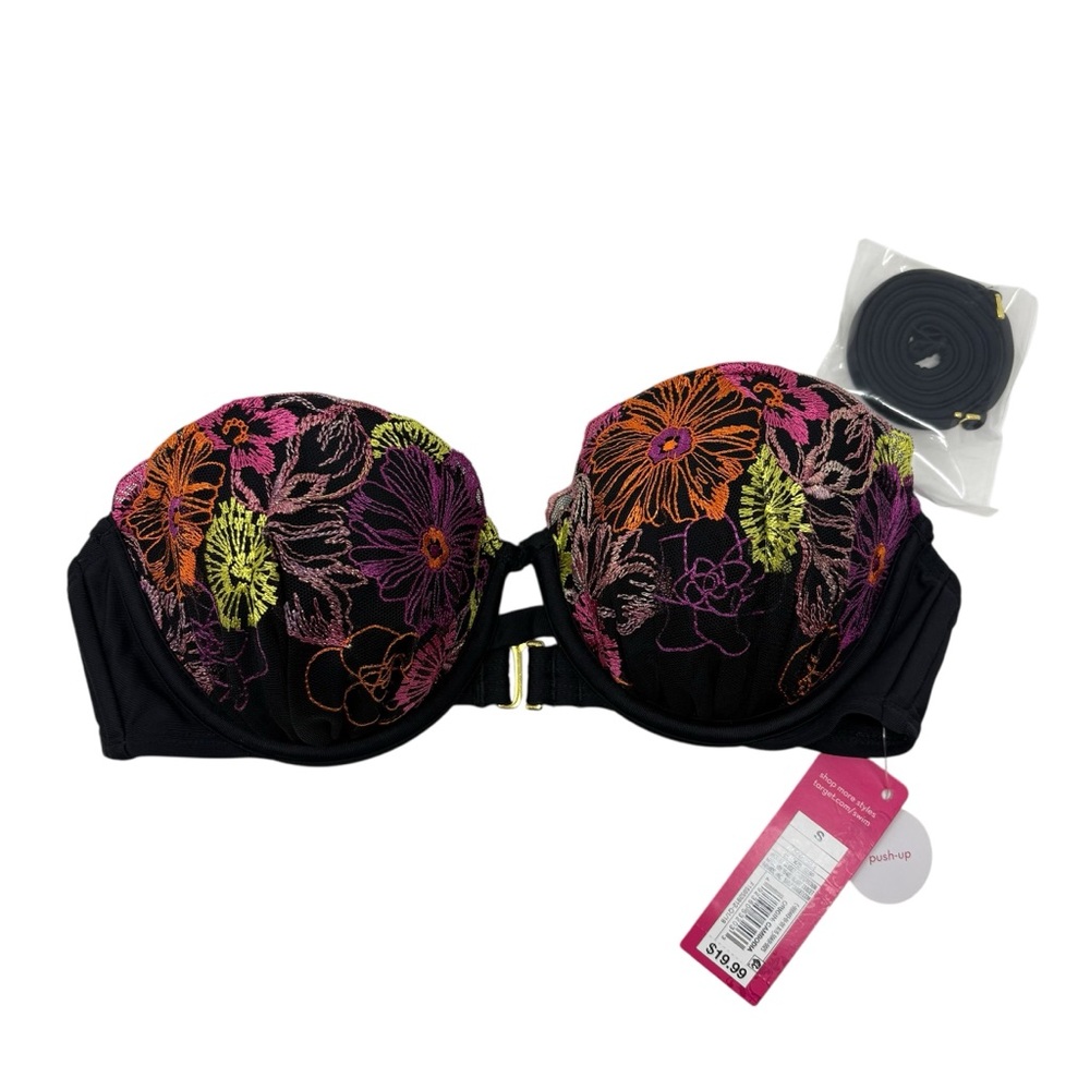 Xhilaration Black Bikini Top with Colorful Floral Embroidery, Small